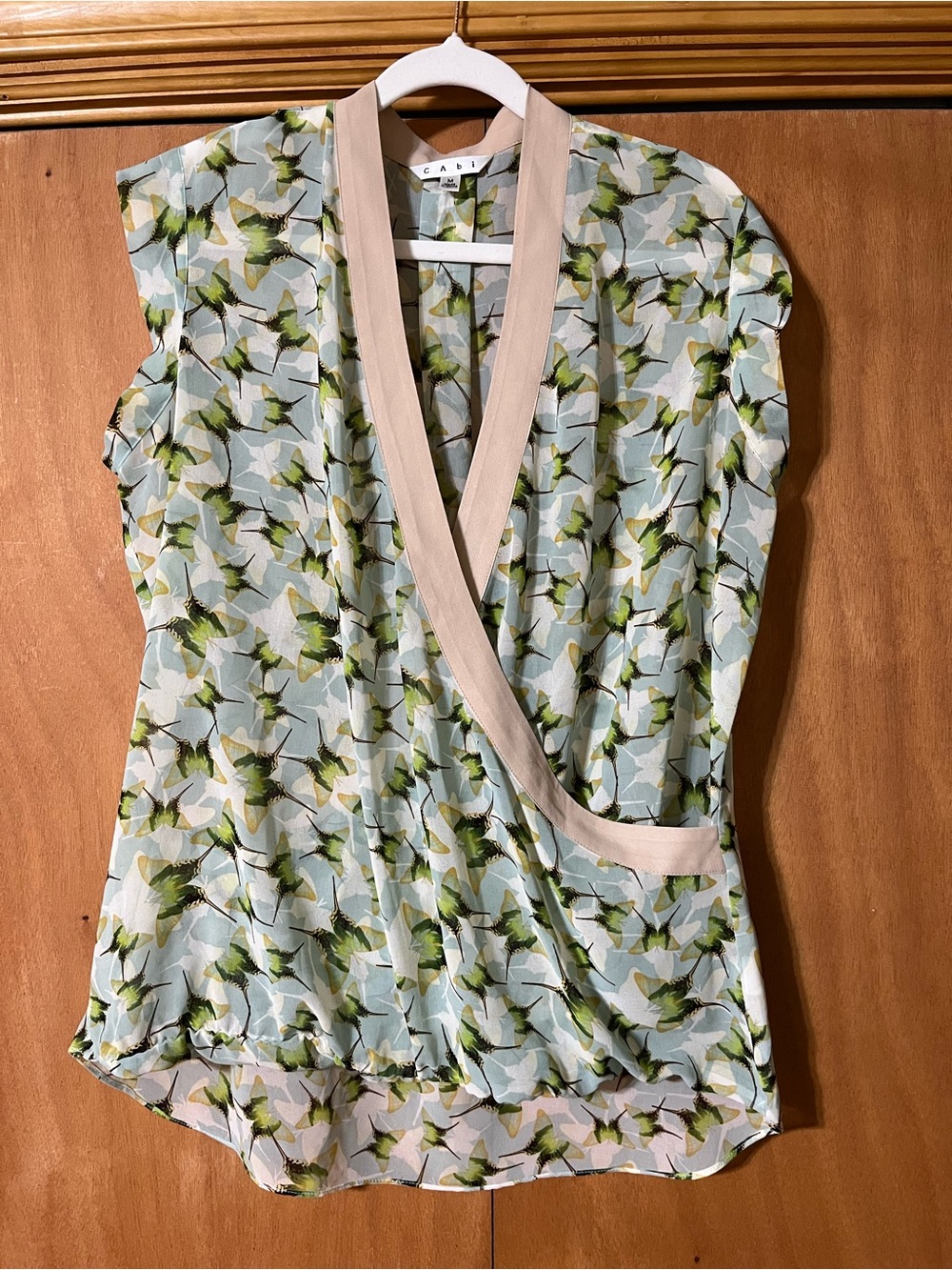 CAbi Green Blue Floral Wrap-Style Blouse with Cream Trim